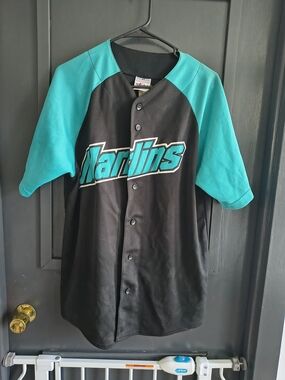 Majestic Marlins Black and Teal Baseball Jersey